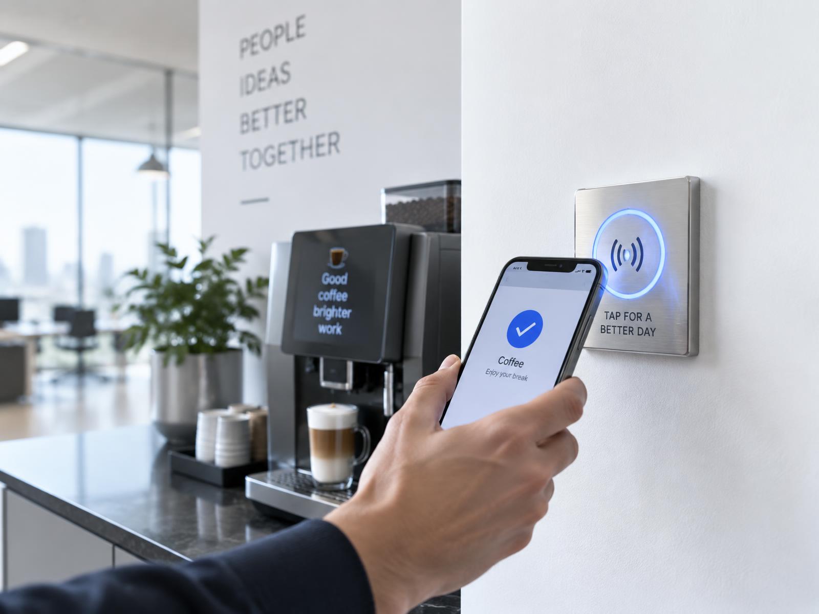 Plaque NFC installée près d’une machine à café dans un bureau